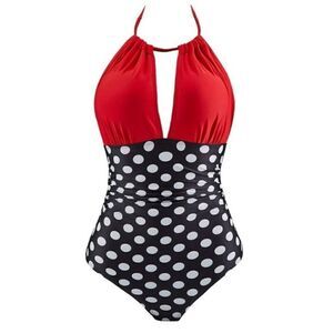 Eomenie Women's Multicolor Solid Polka Dots Open Back Halter Swimsuit Size XL